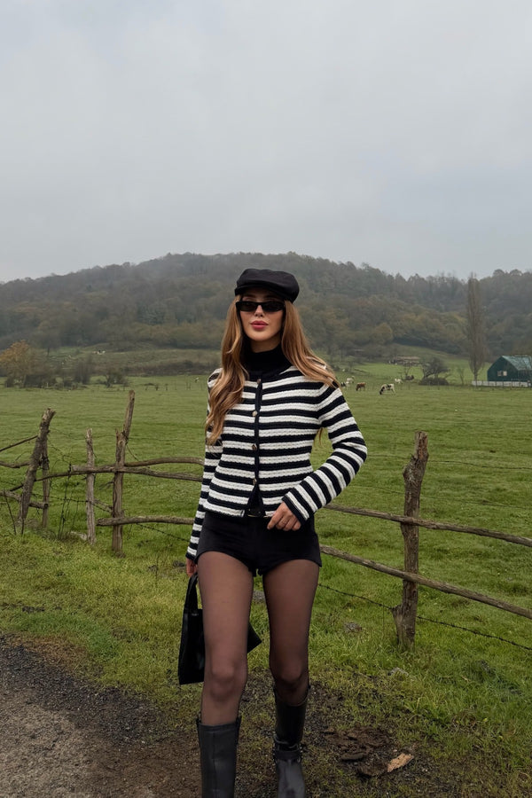 Lacivert - Ekru Çizgili Örme Hırka - 4390