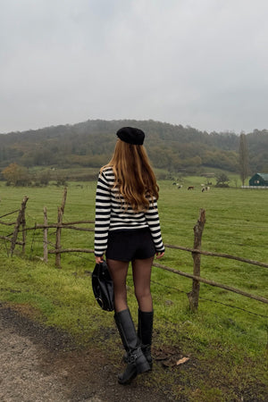 Lacivert - Ekru Çizgili Örme Hırka - 4390