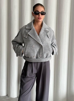 Gri Kısa Kemerli Kaşe Ceket