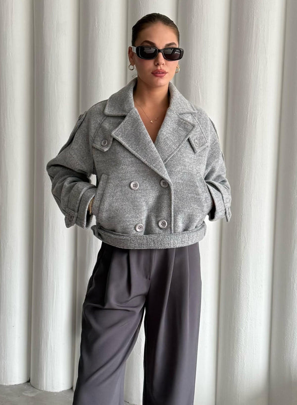 Gri Kısa Kemerli Kaşe Ceket