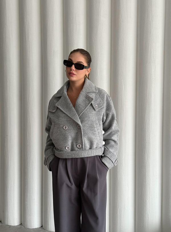 Gri Kısa Kemerli Kaşe Ceket