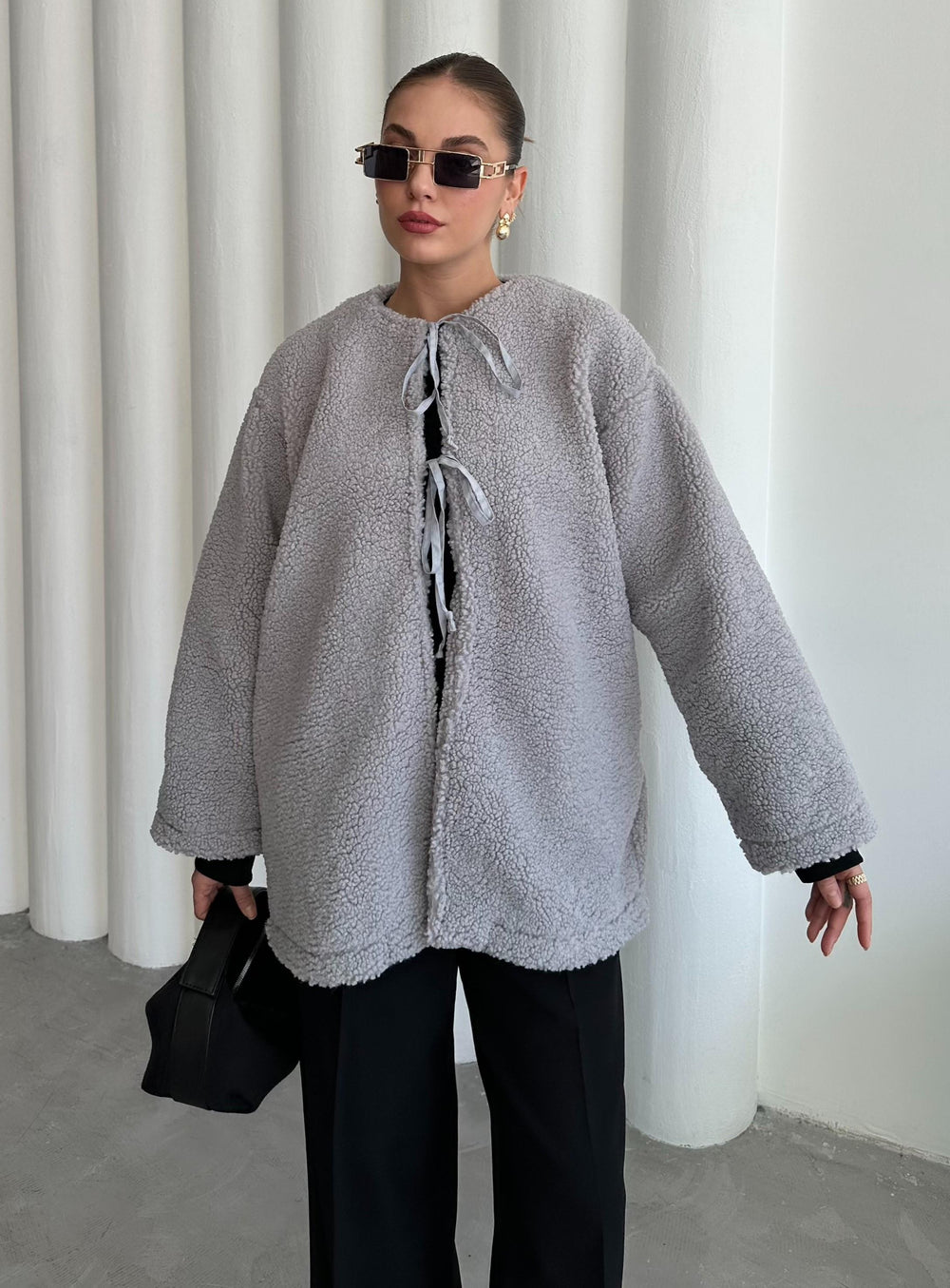 Gri Önü Bağlamalı Teddy Ceket