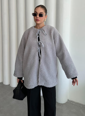 Gri Önü Bağlamalı Teddy Ceket