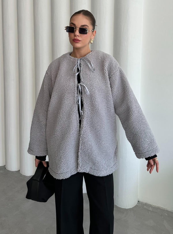 Gri Önü Bağlamalı Teddy Ceket