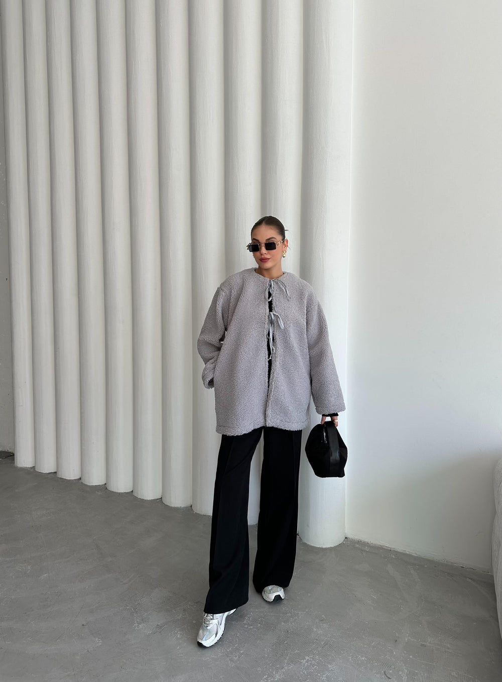 Gri Önü Bağlamalı Teddy Ceket