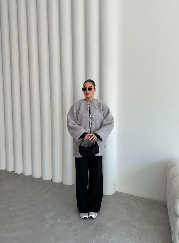 Gri Önü Bağlamalı Teddy Ceket