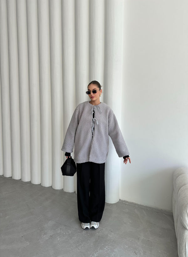 Gri Önü Bağlamalı Teddy Ceket