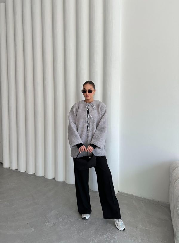 Gri Önü Bağlamalı Teddy Ceket