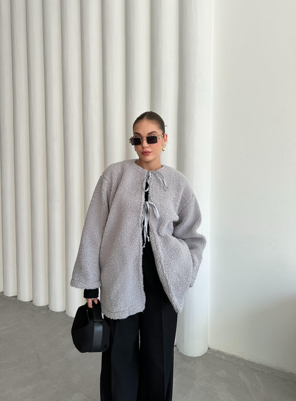 Gri Önü Bağlamalı Teddy Ceket