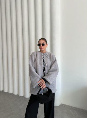 Gri Önü Bağlamalı Teddy Ceket