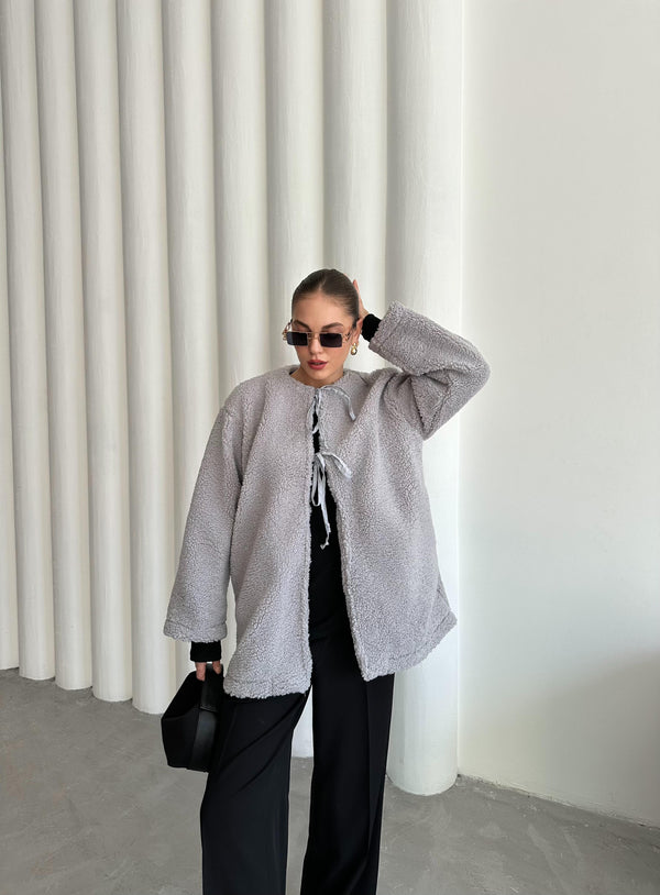 Gri Önü Bağlamalı Teddy Ceket