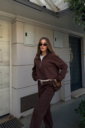 Kahverengi Tshirt Detaylı Beli Lastikli Eşofman Takımı - 0740