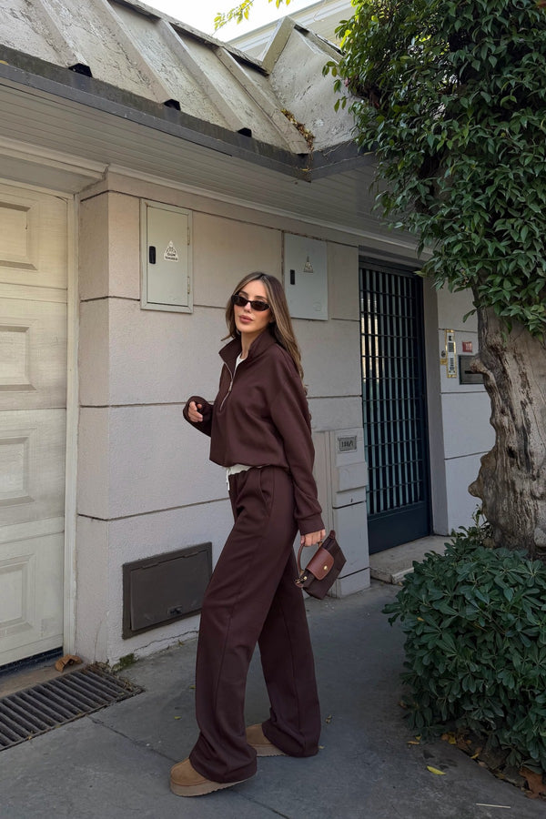 Kahverengi Tshirt Detaylı Beli Lastikli Eşofman Takımı - 0740