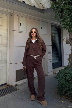 Kahverengi Tshirt Detaylı Beli Lastikli Eşofman Takımı - 0740