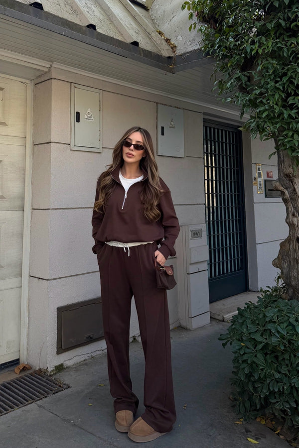 Kahverengi Tshirt Detaylı Beli Lastikli Eşofman Takımı - 0740