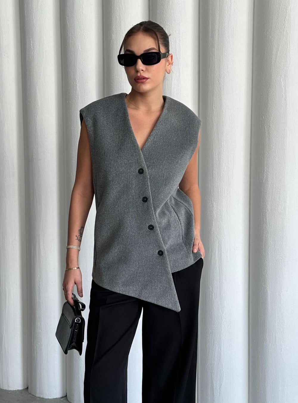 Gri Venedik Çapraz Düğmeli Yelek