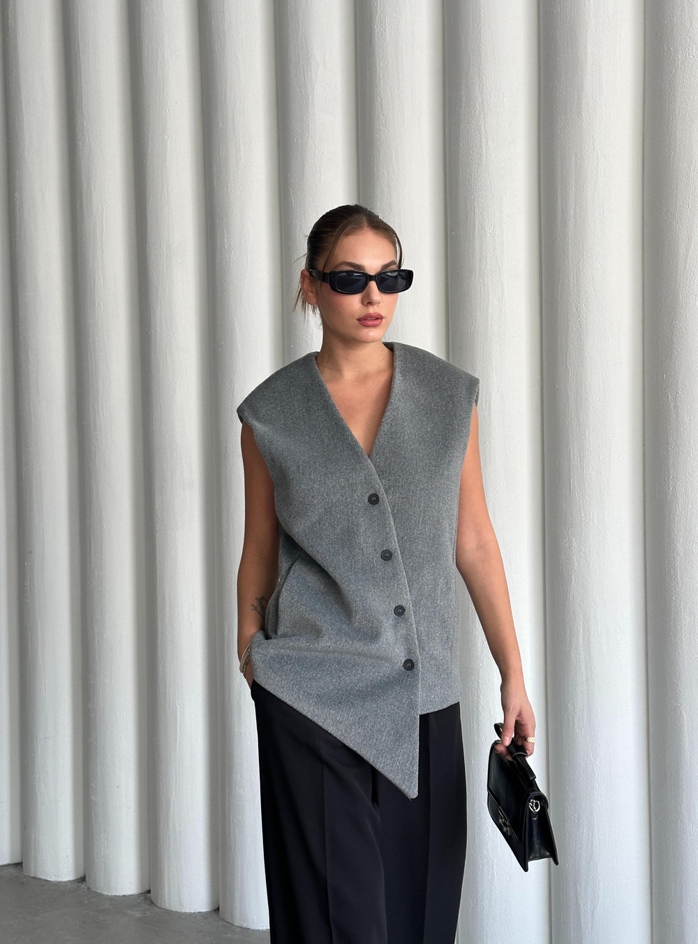 Gri Venedik Çapraz Düğmeli Yelek