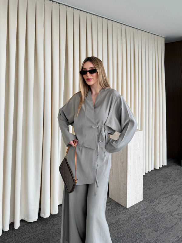 Haki Pantolon Ek Parça Detaylı Kimono Takım - 8009