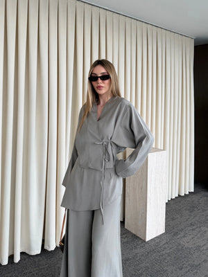 Haki Pantolon Ek Parça Detaylı Kimono Takım - 8009