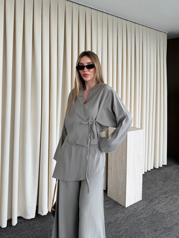 Haki Pantolon Ek Parça Detaylı Kimono Takım - 8009