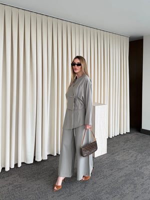 Haki Pantolon Ek Parça Detaylı Kimono Takım - 8009