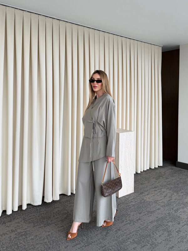Haki Pantolon Ek Parça Detaylı Kimono Takım - 8009