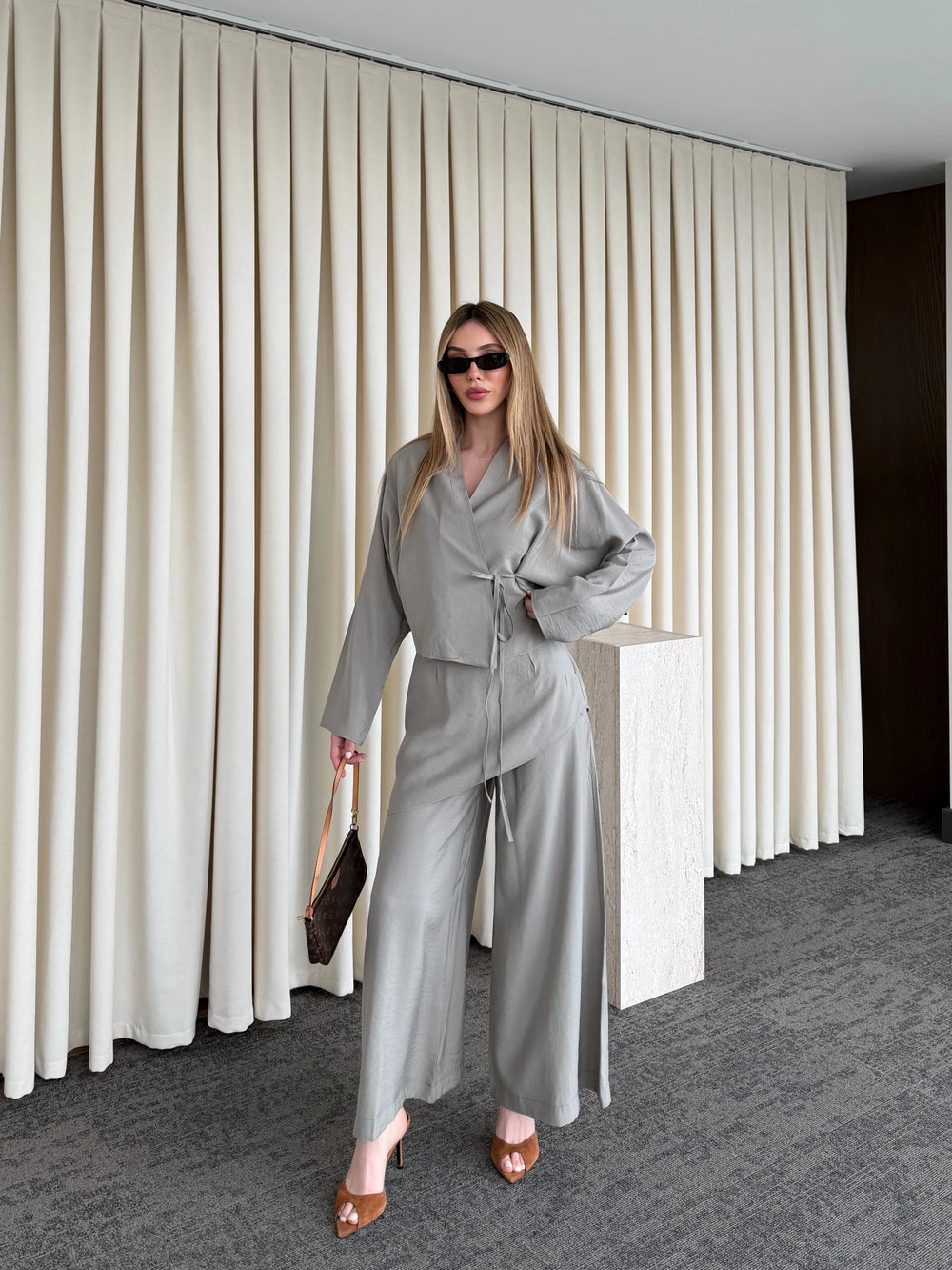 Haki Pantolon Ek Parça Detaylı Kimono Takım - 8009