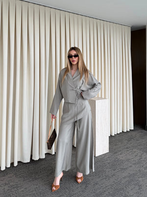 Haki Pantolon Ek Parça Detaylı Kimono Takım - 8009