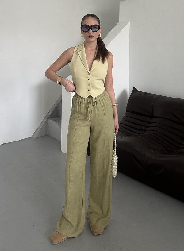 Haki %100 Keten Palazzo Pantolon