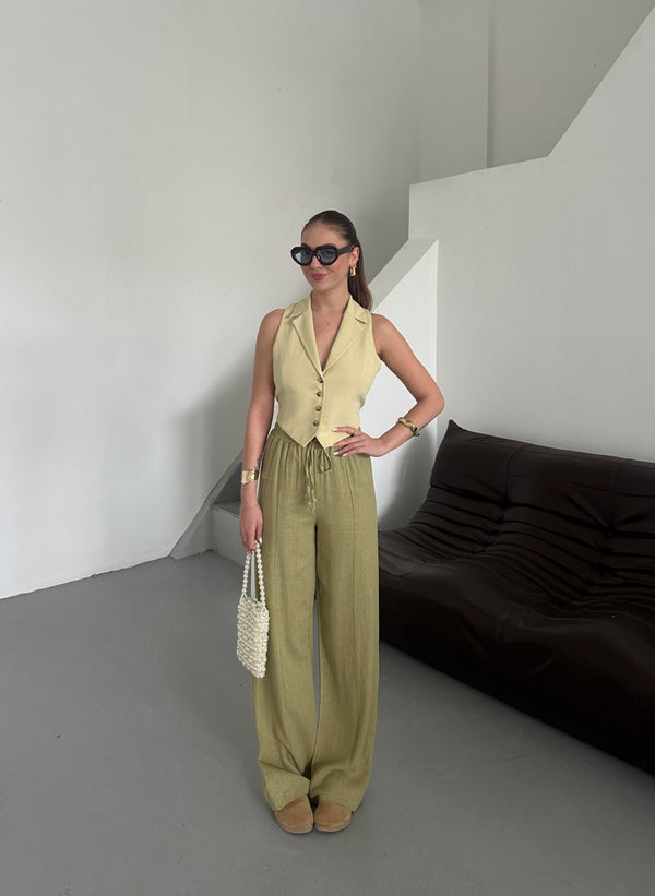 Haki %100 Keten Palazzo Pantolon