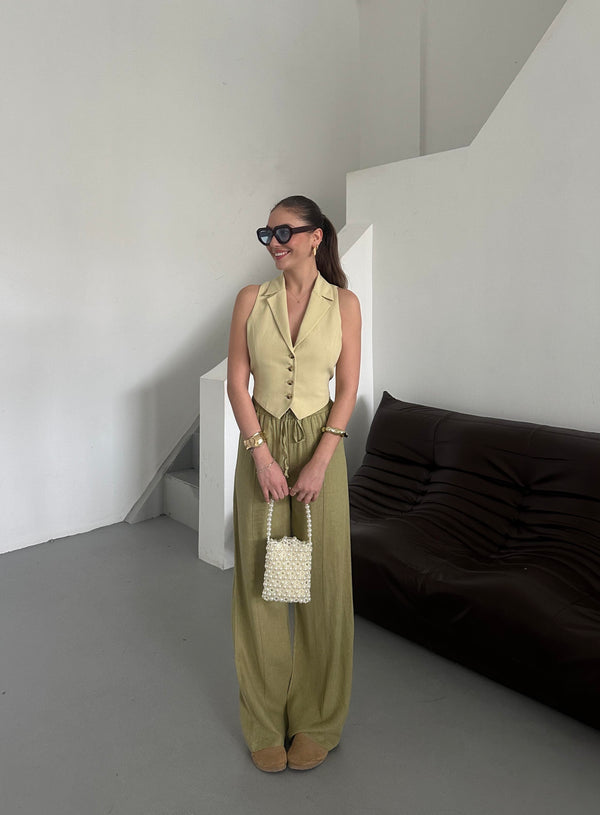 Haki %100 Keten Palazzo Pantolon