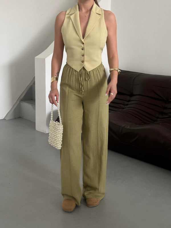 Haki %100 Keten Palazzo Pantolon