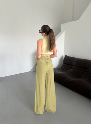 Haki %100 Keten Palazzo Pantolon