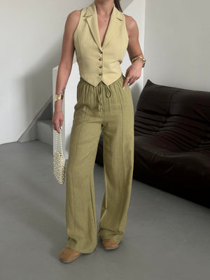 Haki %100 Keten Palazzo Pantolon