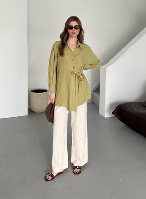 Haki %100 Pamuk Çapraz Düğmeli Beli Kemerli Gömlek