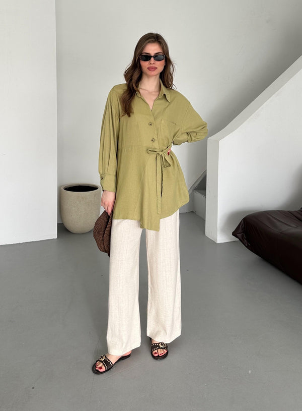 Haki %100 Pamuk Çapraz Düğmeli Beli Kemerli Gömlek