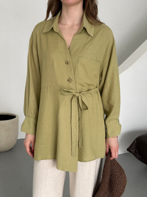 Haki %100 Pamuk Çapraz Düğmeli Beli Kemerli Gömlek
