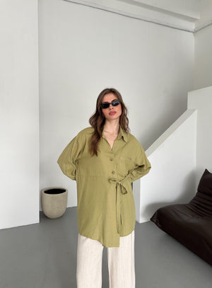 Haki %100 Pamuk Çapraz Düğmeli Beli Kemerli Gömlek