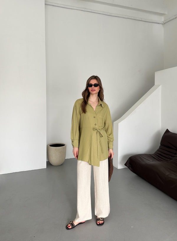Haki %100 Pamuk Çapraz Düğmeli Beli Kemerli Gömlek