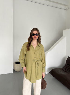Haki %100 Pamuk Çapraz Düğmeli Beli Kemerli Gömlek