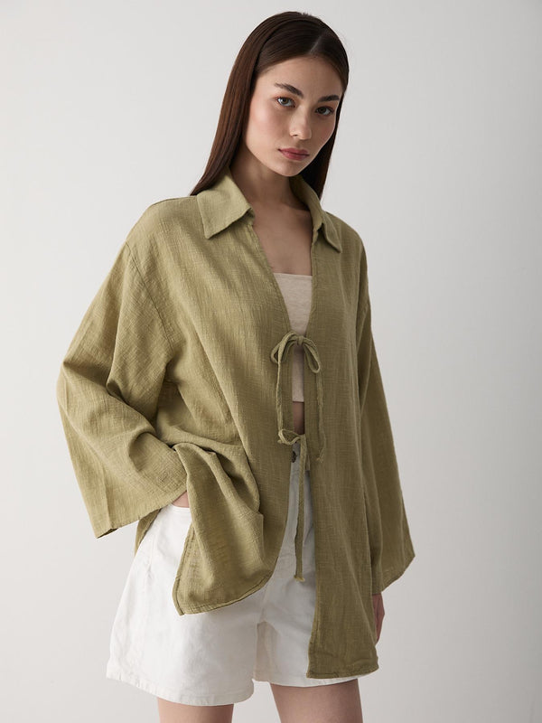 Haki %100 Pamuk Keten Bağcık Detaylı Kimono Bluz
