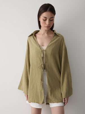 Haki %100 Pamuk Keten Bağcık Detaylı Kimono Bluz