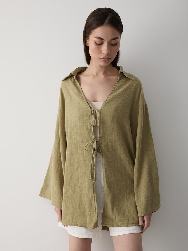 Haki %100 Pamuk Keten Bağcık Detaylı Kimono Bluz