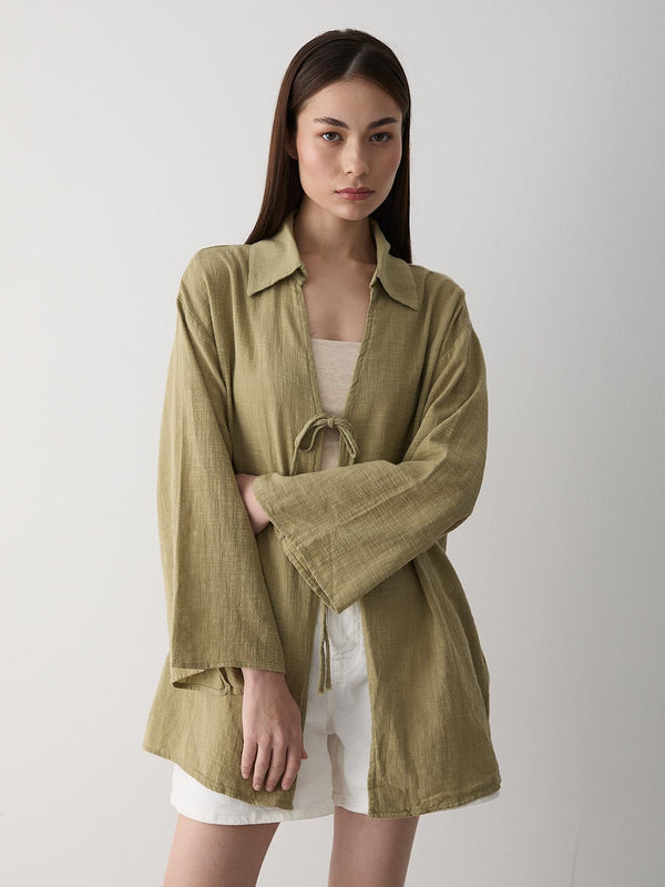 Haki %100 Pamuk Keten Bağcık Detaylı Kimono Bluz