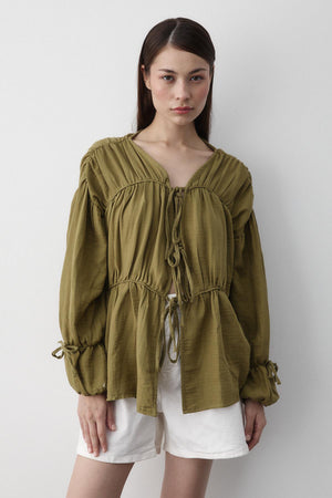 Haki %100 Pamuk Kolu Lastikli Müslin Gömlek