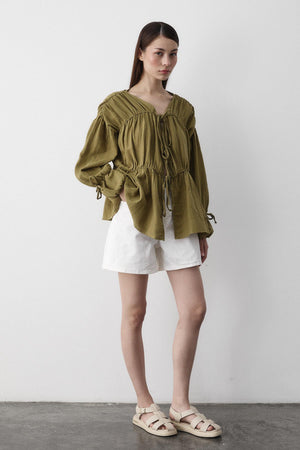 Haki %100 Pamuk Kolu Lastikli Müslin Gömlek