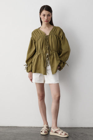 Haki %100 Pamuk Kolu Lastikli Müslin Gömlek