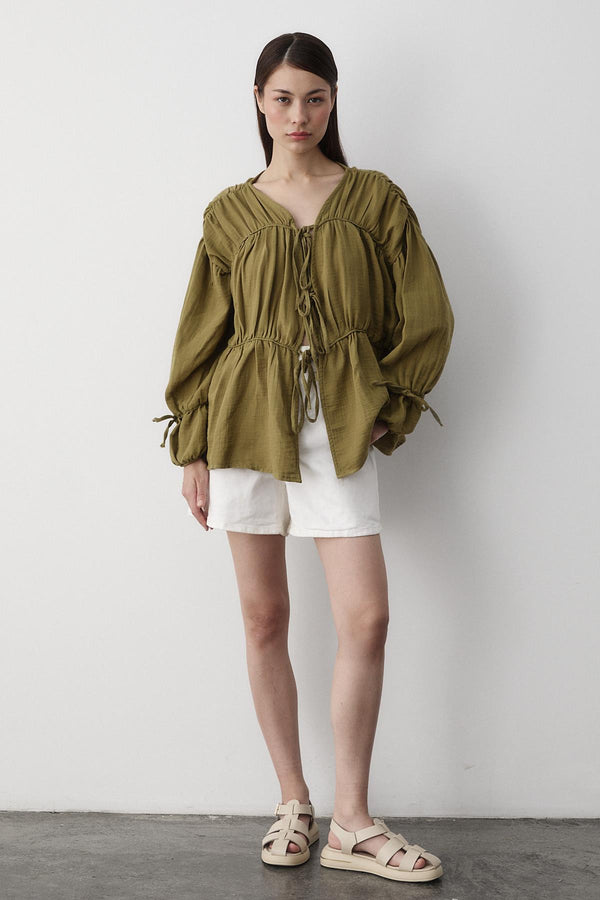 Haki %100 Pamuk Kolu Lastikli Müslin Gömlek