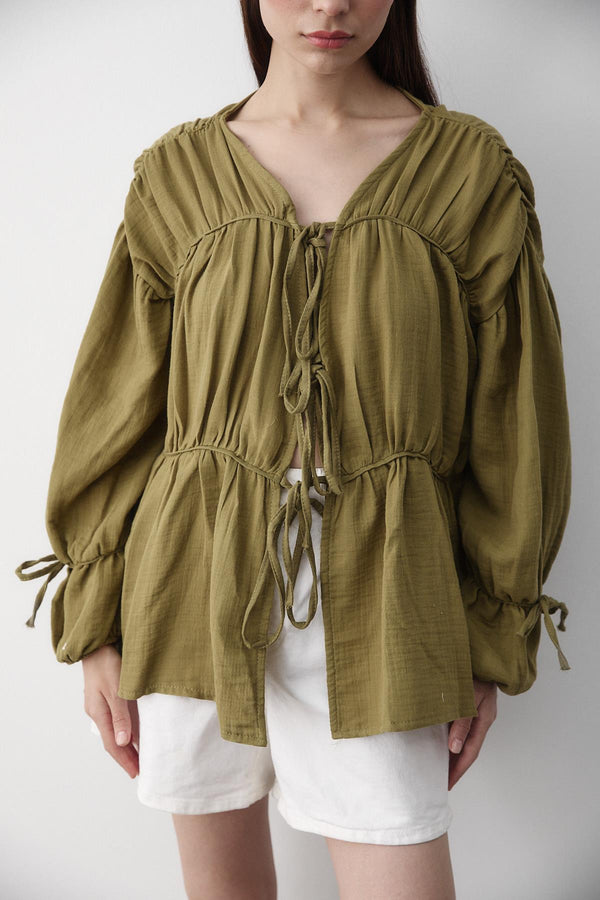 Haki %100 Pamuk Kolu Lastikli Müslin Gömlek