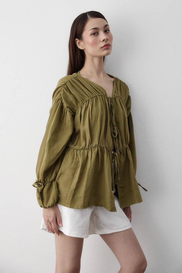 Haki %100 Pamuk Kolu Lastikli Müslin Gömlek